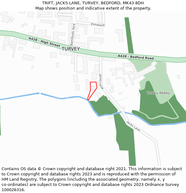 TRIFT, JACKS LANE, TURVEY, BEDFORD, MK43 8DH: Location map and indicative extent of plot