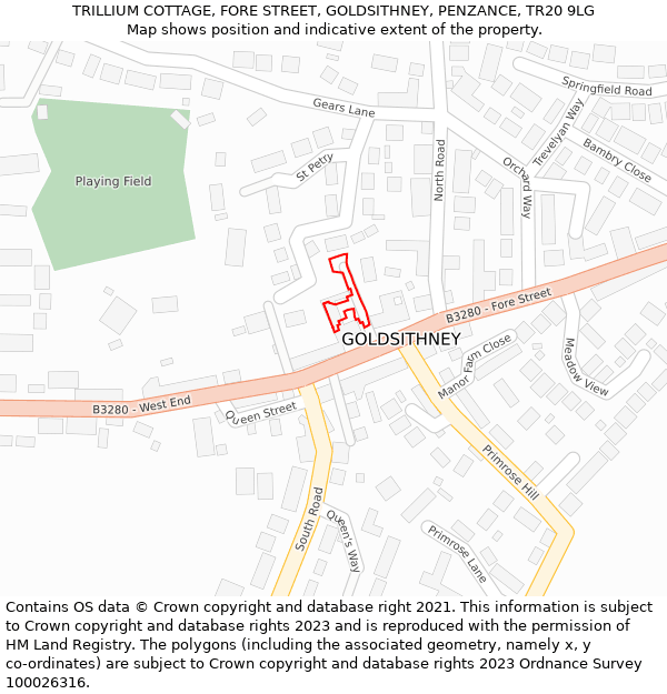 TRILLIUM COTTAGE, FORE STREET, GOLDSITHNEY, PENZANCE, TR20 9LG: Location map and indicative extent of plot