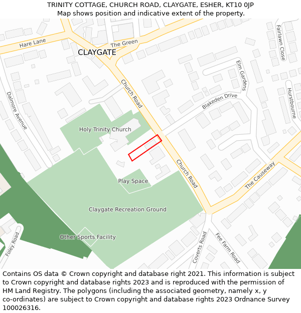 TRINITY COTTAGE, CHURCH ROAD, CLAYGATE, ESHER, KT10 0JP: Location map and indicative extent of plot