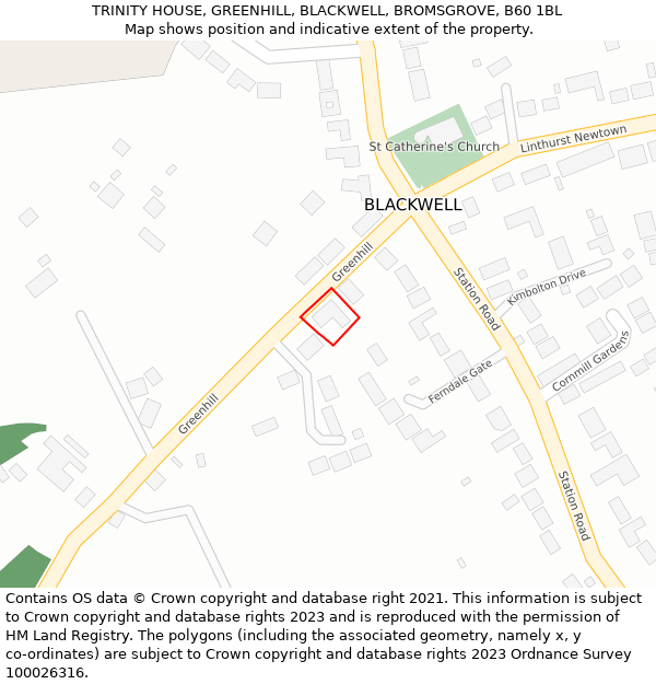 TRINITY HOUSE, GREENHILL, BLACKWELL, BROMSGROVE, B60 1BL: Location map and indicative extent of plot