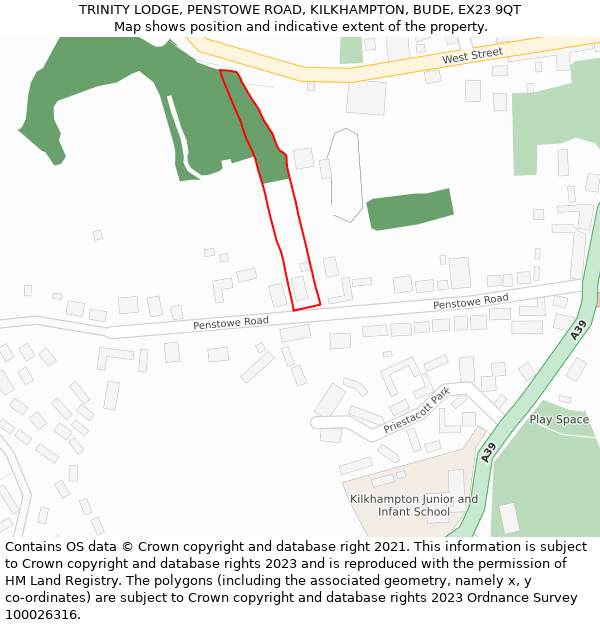 TRINITY LODGE, PENSTOWE ROAD, KILKHAMPTON, BUDE, EX23 9QT: Location map and indicative extent of plot