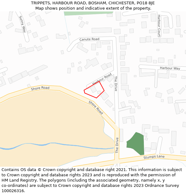 TRIPPETS, HARBOUR ROAD, BOSHAM, CHICHESTER, PO18 8JE: Location map and indicative extent of plot