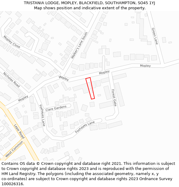 TRISTANIA LODGE, MOPLEY, BLACKFIELD, SOUTHAMPTON, SO45 1YJ: Location map and indicative extent of plot