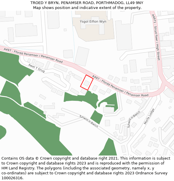 TROED Y BRYN, PENAMSER ROAD, PORTHMADOG, LL49 9NY: Location map and indicative extent of plot