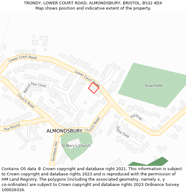 TRONDY, LOWER COURT ROAD, ALMONDSBURY, BRISTOL, BS32 4DX: Location map and indicative extent of plot