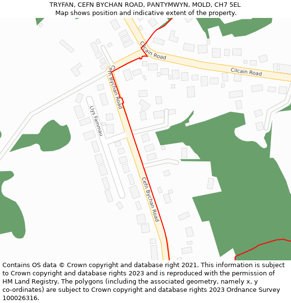 TRYFAN, CEFN BYCHAN ROAD, PANTYMWYN, MOLD, CH7 5EL: Location map and indicative extent of plot