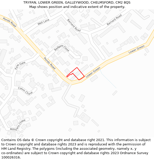 TRYFAN, LOWER GREEN, GALLEYWOOD, CHELMSFORD, CM2 8QS: Location map and indicative extent of plot