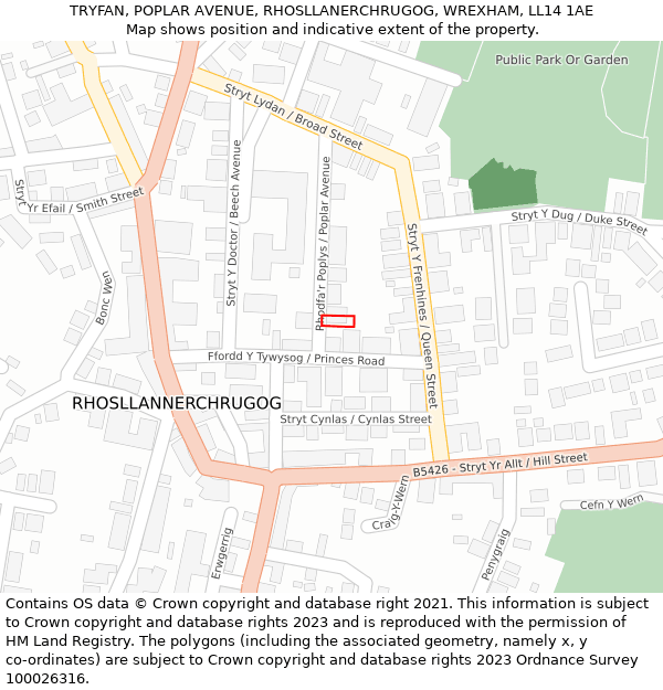 TRYFAN, POPLAR AVENUE, RHOSLLANERCHRUGOG, WREXHAM, LL14 1AE: Location map and indicative extent of plot