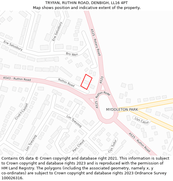 TRYFAN, RUTHIN ROAD, DENBIGH, LL16 4PT: Location map and indicative extent of plot