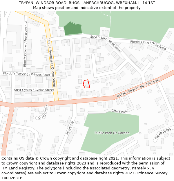 TRYFAN, WINDSOR ROAD, RHOSLLANERCHRUGOG, WREXHAM, LL14 1ST: Location map and indicative extent of plot