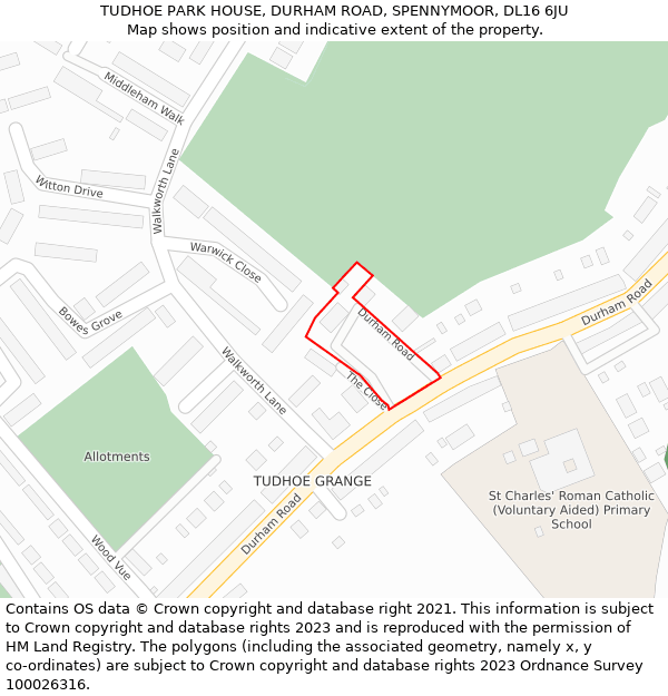 TUDHOE PARK HOUSE, DURHAM ROAD, SPENNYMOOR, DL16 6JU: Location map and indicative extent of plot