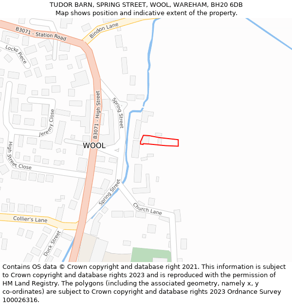 TUDOR BARN, SPRING STREET, WOOL, WAREHAM, BH20 6DB: Location map and indicative extent of plot