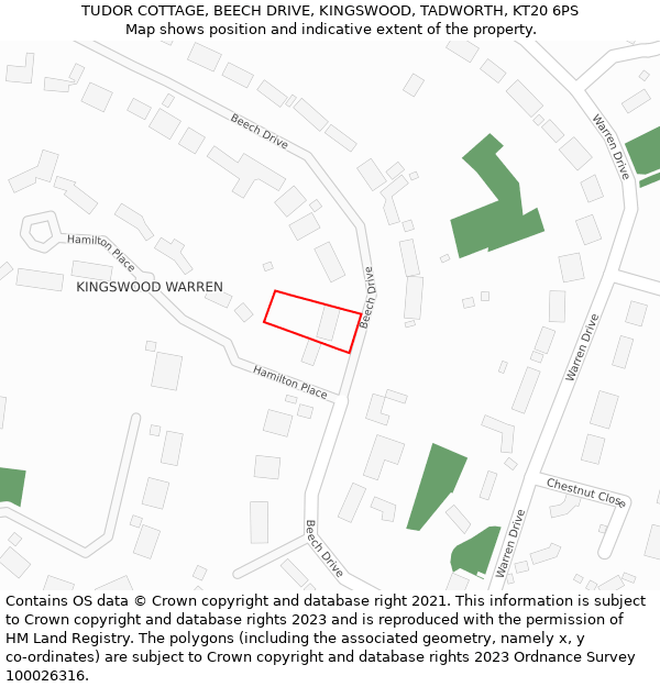 TUDOR COTTAGE, BEECH DRIVE, KINGSWOOD, TADWORTH, KT20 6PS: Location map and indicative extent of plot