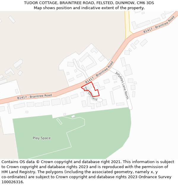 TUDOR COTTAGE, BRAINTREE ROAD, FELSTED, DUNMOW, CM6 3DS: Location map and indicative extent of plot