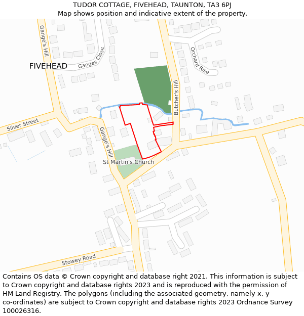 TUDOR COTTAGE, FIVEHEAD, TAUNTON, TA3 6PJ: Location map and indicative extent of plot