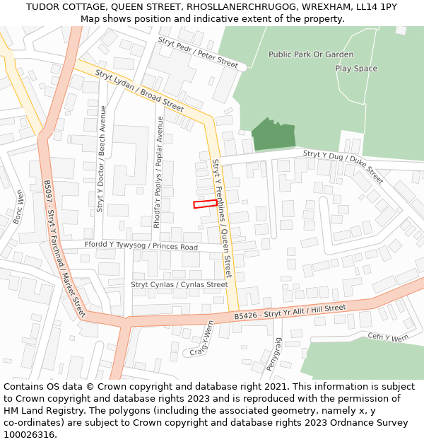 TUDOR COTTAGE, QUEEN STREET, RHOSLLANERCHRUGOG, WREXHAM, LL14 1PY: Location map and indicative extent of plot
