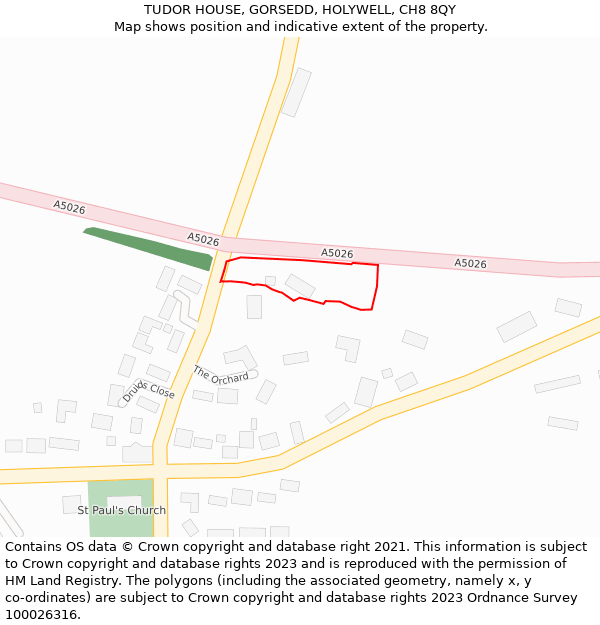 TUDOR HOUSE, GORSEDD, HOLYWELL, CH8 8QY: Location map and indicative extent of plot