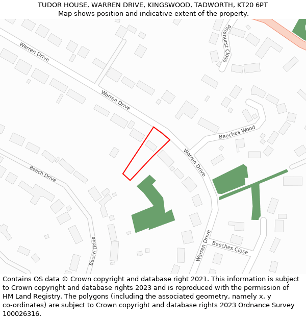 TUDOR HOUSE, WARREN DRIVE, KINGSWOOD, TADWORTH, KT20 6PT: Location map and indicative extent of plot