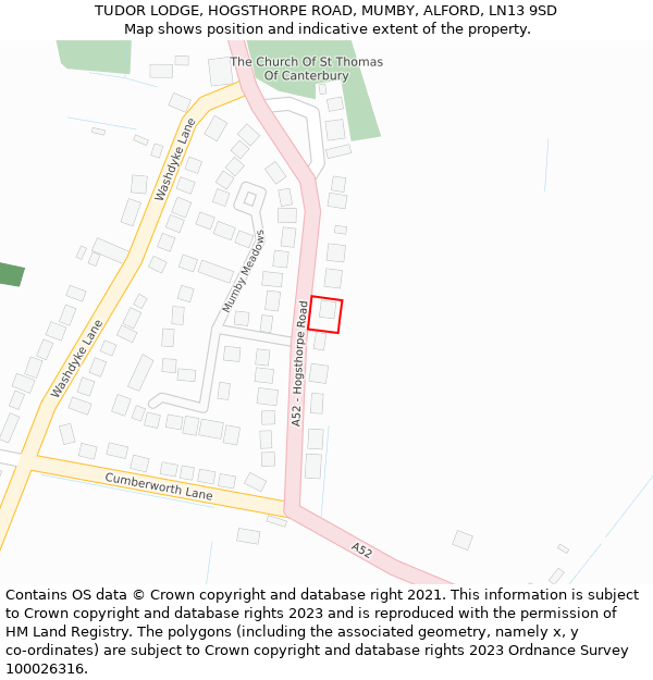 TUDOR LODGE, HOGSTHORPE ROAD, MUMBY, ALFORD, LN13 9SD: Location map and indicative extent of plot