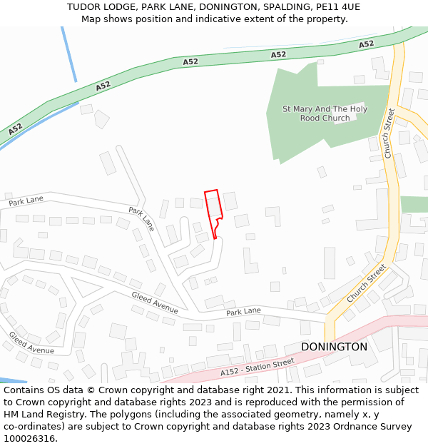 TUDOR LODGE, PARK LANE, DONINGTON, SPALDING, PE11 4UE: Location map and indicative extent of plot