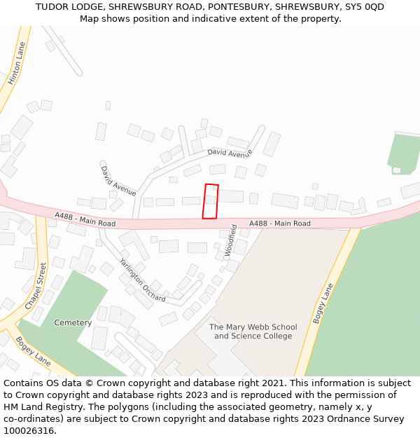 TUDOR LODGE, SHREWSBURY ROAD, PONTESBURY, SHREWSBURY, SY5 0QD: Location map and indicative extent of plot