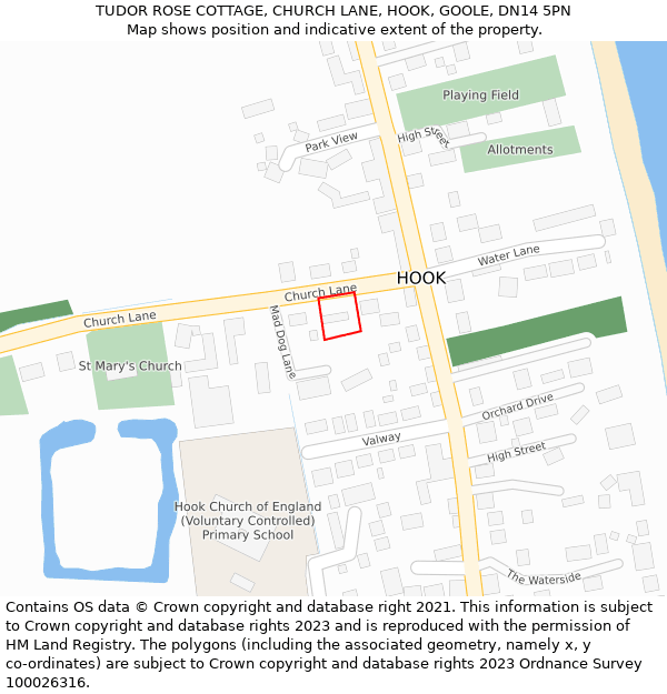 TUDOR ROSE COTTAGE, CHURCH LANE, HOOK, GOOLE, DN14 5PN: Location map and indicative extent of plot