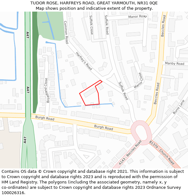 TUDOR ROSE, HARFREYS ROAD, GREAT YARMOUTH, NR31 0QE: Location map and indicative extent of plot