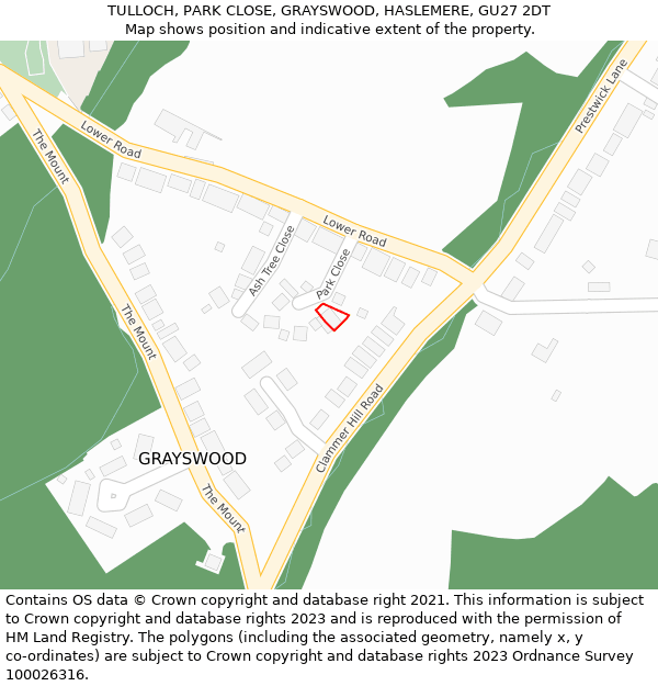 TULLOCH, PARK CLOSE, GRAYSWOOD, HASLEMERE, GU27 2DT: Location map and indicative extent of plot