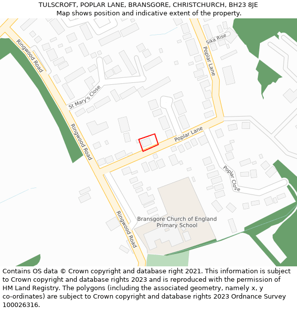 TULSCROFT, POPLAR LANE, BRANSGORE, CHRISTCHURCH, BH23 8JE: Location map and indicative extent of plot