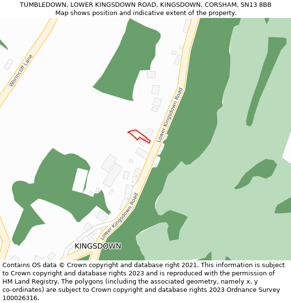 TUMBLEDOWN, LOWER KINGSDOWN ROAD, KINGSDOWN, CORSHAM, SN13 8BB: Location map and indicative extent of plot