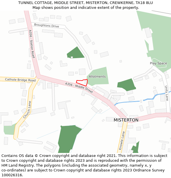 TUNNEL COTTAGE, MIDDLE STREET, MISTERTON, CREWKERNE, TA18 8LU: Location map and indicative extent of plot
