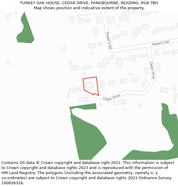 TURKEY OAK HOUSE, CEDAR DRIVE, PANGBOURNE, READING, RG8 7BH: Location map and indicative extent of plot