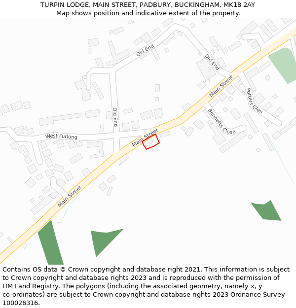 TURPIN LODGE, MAIN STREET, PADBURY, BUCKINGHAM, MK18 2AY: Location map and indicative extent of plot