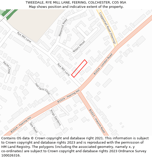 TWEEDALE, RYE MILL LANE, FEERING, COLCHESTER, CO5 9SA: Location map and indicative extent of plot