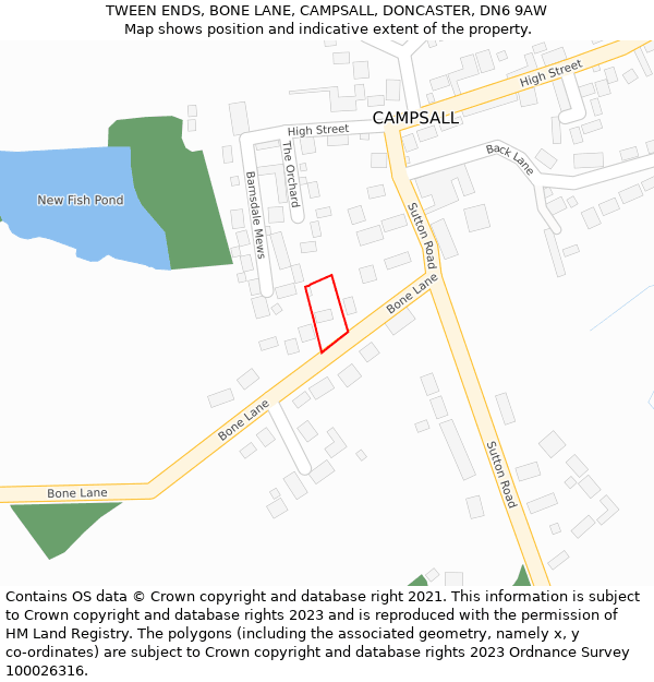 TWEEN ENDS, BONE LANE, CAMPSALL, DONCASTER, DN6 9AW: Location map and indicative extent of plot