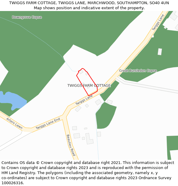 TWIGGS FARM COTTAGE, TWIGGS LANE, MARCHWOOD, SOUTHAMPTON, SO40 4UN: Location map and indicative extent of plot
