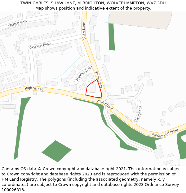 TWIN GABLES, SHAW LANE, ALBRIGHTON, WOLVERHAMPTON, WV7 3DU: Location map and indicative extent of plot