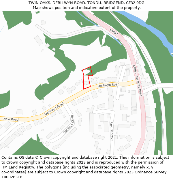 TWIN OAKS, DERLLWYN ROAD, TONDU, BRIDGEND, CF32 9DG: Location map and indicative extent of plot