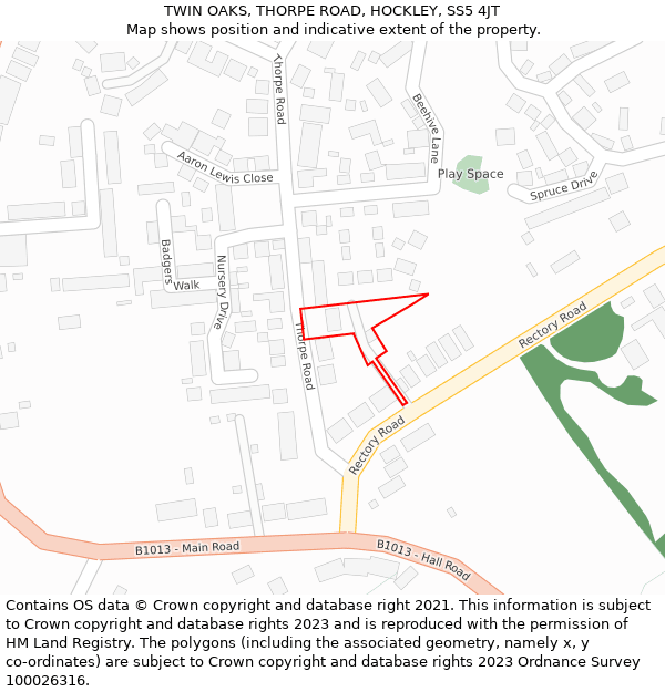 TWIN OAKS, THORPE ROAD, HOCKLEY, SS5 4JT: Location map and indicative extent of plot