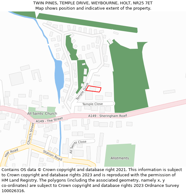 TWIN PINES, TEMPLE DRIVE, WEYBOURNE, HOLT, NR25 7ET: Location map and indicative extent of plot