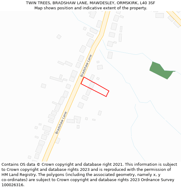 TWIN TREES, BRADSHAW LANE, MAWDESLEY, ORMSKIRK, L40 3SF: Location map and indicative extent of plot