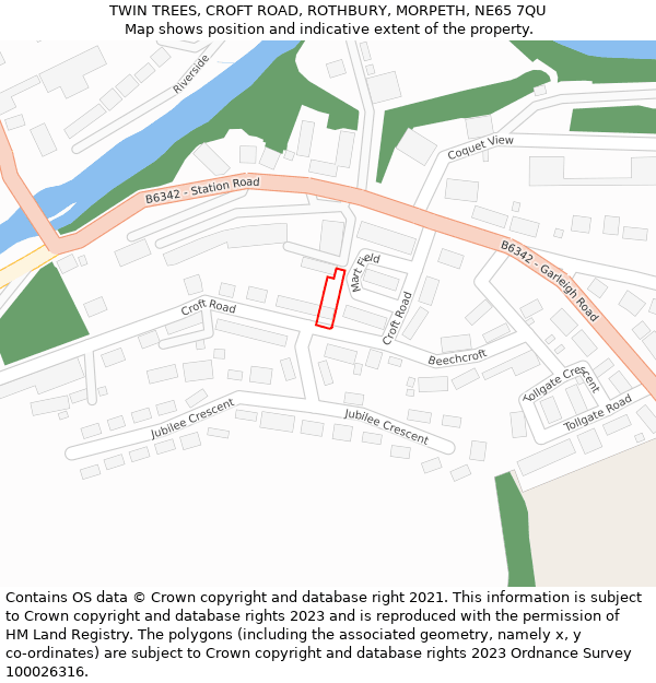 TWIN TREES, CROFT ROAD, ROTHBURY, MORPETH, NE65 7QU: Location map and indicative extent of plot