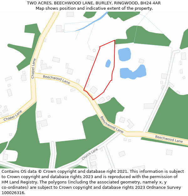 TWO ACRES, BEECHWOOD LANE, BURLEY, RINGWOOD, BH24 4AR: Location map and indicative extent of plot