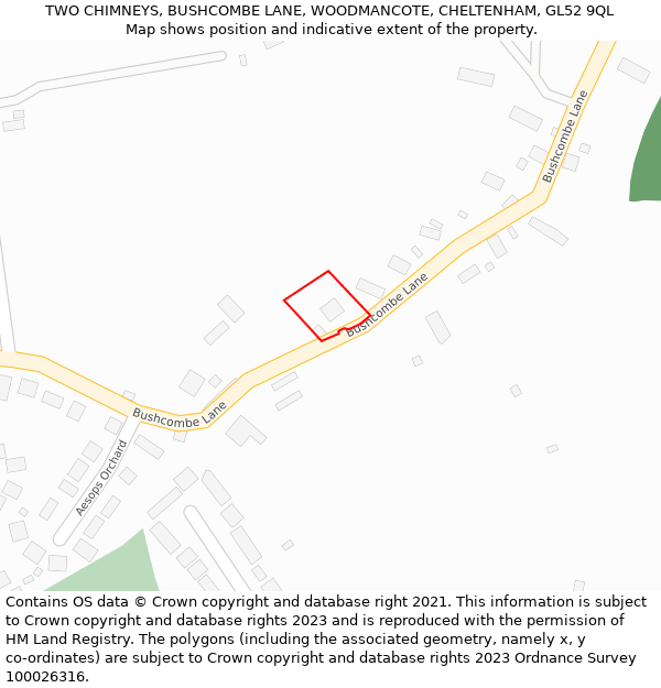 TWO CHIMNEYS, BUSHCOMBE LANE, WOODMANCOTE, CHELTENHAM, GL52 9QL: Location map and indicative extent of plot