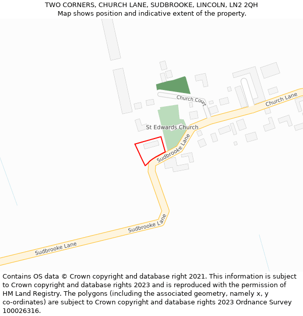 TWO CORNERS, CHURCH LANE, SUDBROOKE, LINCOLN, LN2 2QH: Location map and indicative extent of plot