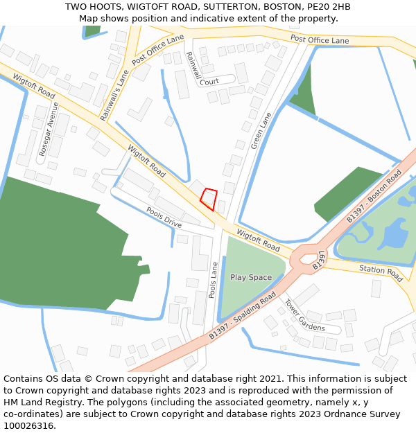 TWO HOOTS, WIGTOFT ROAD, SUTTERTON, BOSTON, PE20 2HB: Location map and indicative extent of plot