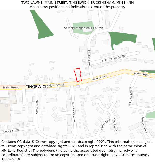 TWO LAWNS, MAIN STREET, TINGEWICK, BUCKINGHAM, MK18 4NN: Location map and indicative extent of plot