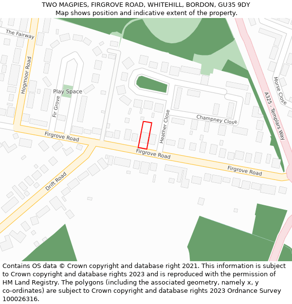 TWO MAGPIES, FIRGROVE ROAD, WHITEHILL, BORDON, GU35 9DY: Location map and indicative extent of plot