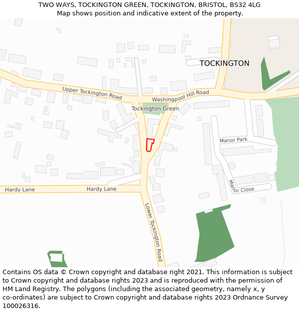 TWO WAYS, TOCKINGTON GREEN, TOCKINGTON, BRISTOL, BS32 4LG: Location map and indicative extent of plot