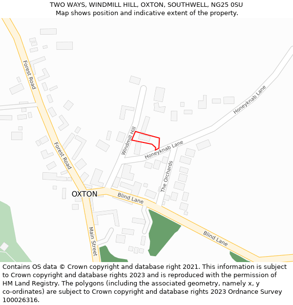 TWO WAYS, WINDMILL HILL, OXTON, SOUTHWELL, NG25 0SU: Location map and indicative extent of plot